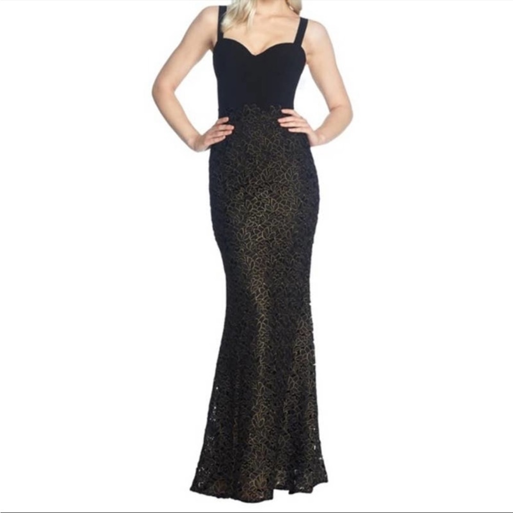 DRESS THE POPULATION Dress Size S Lorena Gown NWOT Black Gold Lace Lined